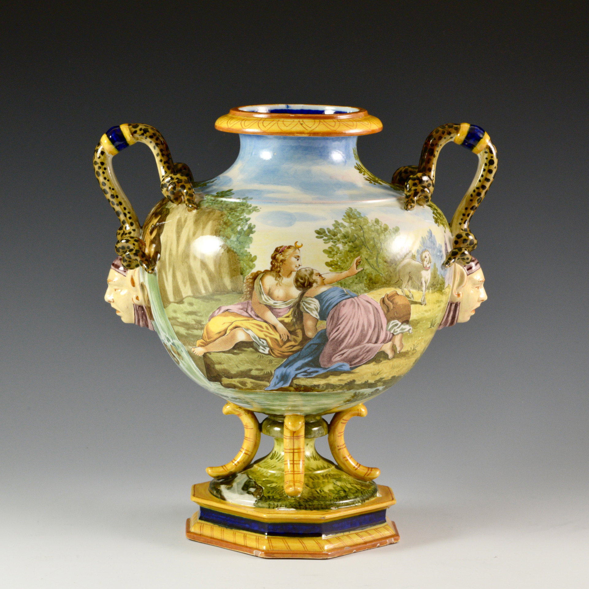 Diana and Melampus - Globular vase with octagonal base, serpentine handles and figural scene - Ginori Manufacture, second half of the 19th century